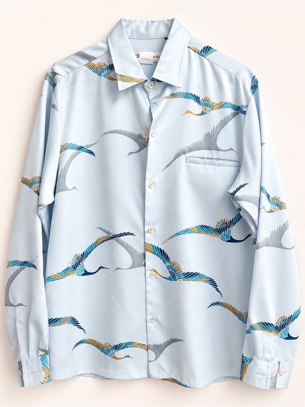 Vintage Tori Richard Light Blue Crane-Print Button-Down long sleeve Shirt